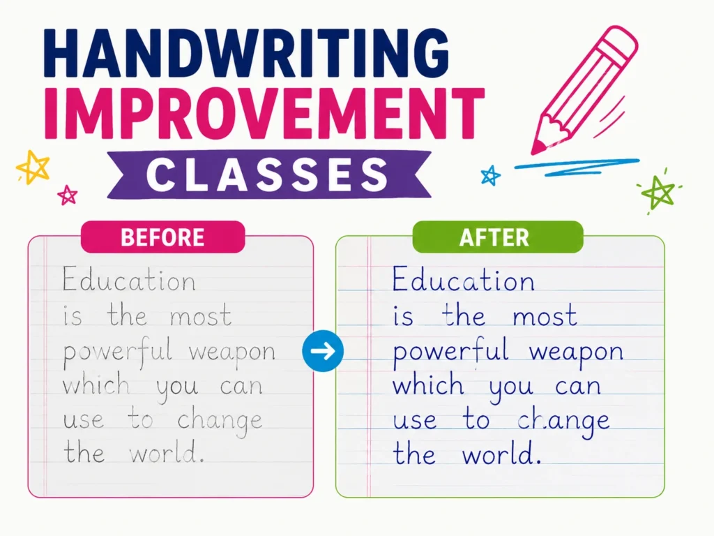 Handwriting Improvement Classes for Kids showing before and after handwriting transformation at Be Smart Academy