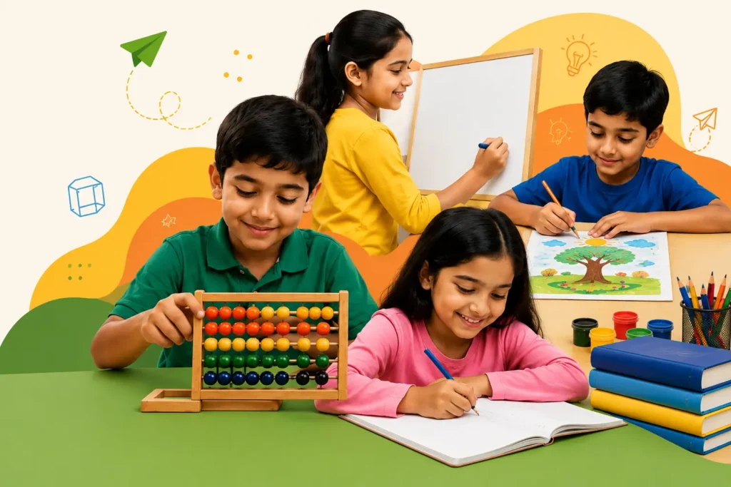 Be Smart Academy courses banner featuring children learning Abacus, handwriting, drawing, and academic skills through engaging educational programs.