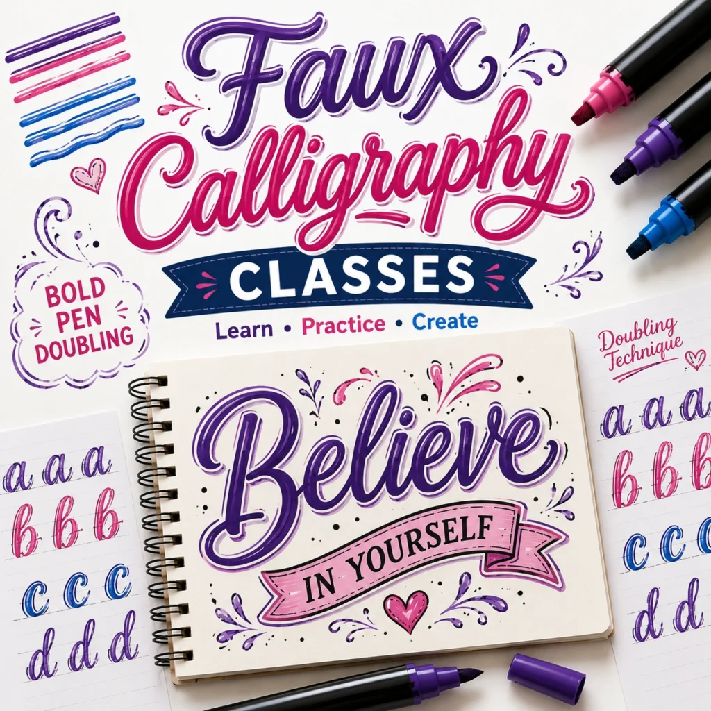 Faux Calligraphy Classes for Kids at Be Smart Academy featuring beautiful lettering created with simple pens and faux calligraphy techniques