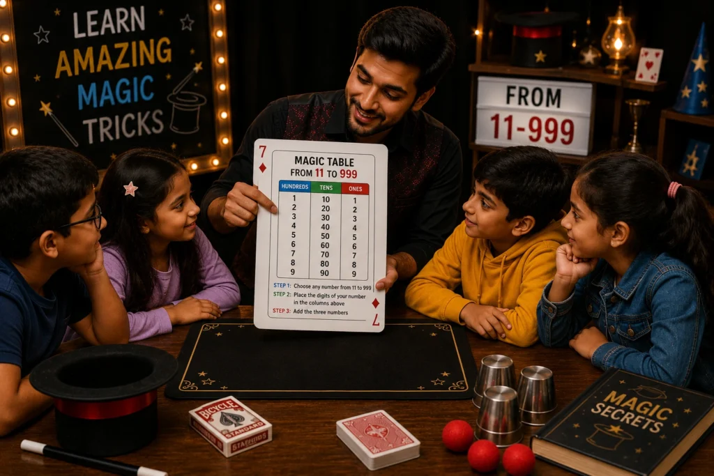 Kids learning Magic Table Tricks from 11 to 999 in an interactive workshop