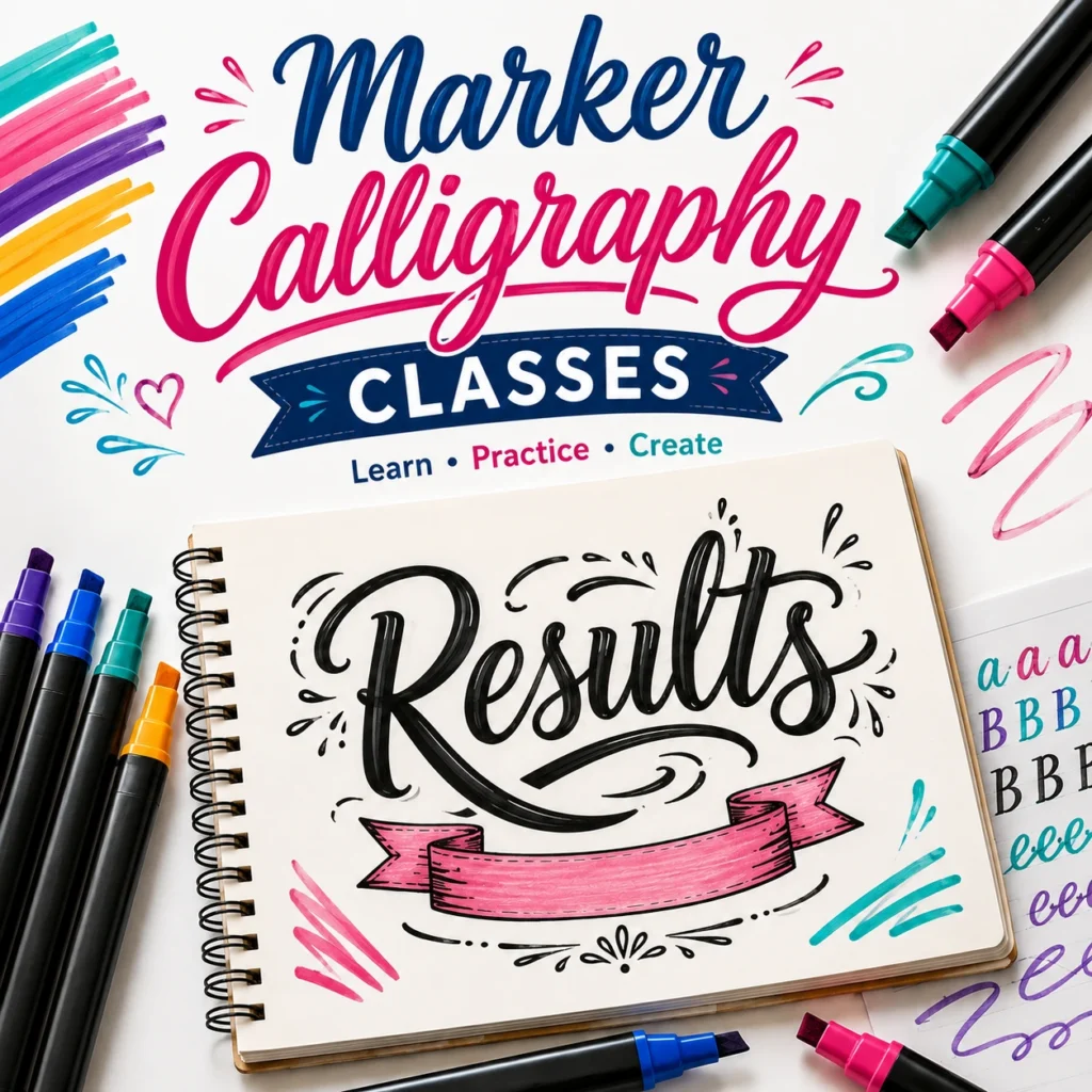 Marker Calligraphy Classes for Kids at Be Smart Academy featuring flat marker pens, creative lettering practice, and marker calligraphy artwork