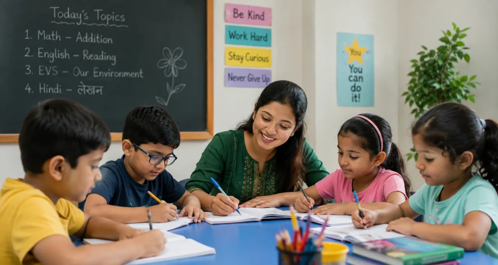Female teacher helping young children study in a bright classroom, with students writing in notebooks around a table during an interactive learning session.