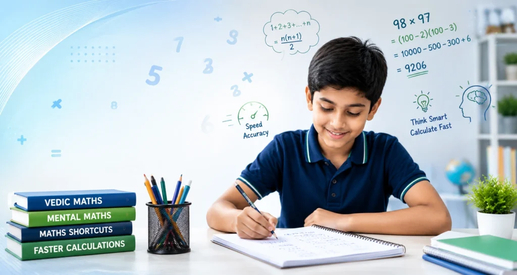 Student practicing Vedic Maths techniques in a classroom, solving mathematical calculations in a notebook to improve speed, accuracy, and mental maths skills.